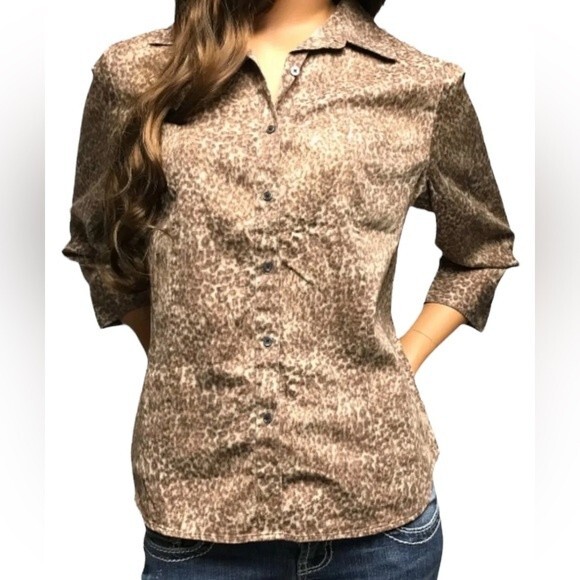 Talbots Animal Print Button Up Shirt 3/4 Sleeve Stretchy Cotton Neutral Office - Picture 13 of 15